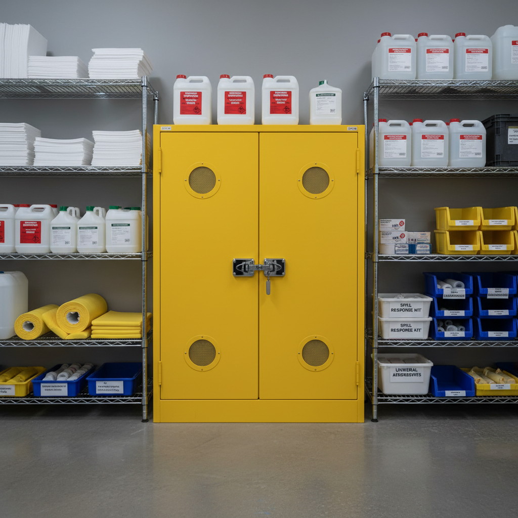 A close-up, waist-high view of a heavy-duty yellow safety cabinet for hazardous materials, its powder-coated steel surface smooth and slightly matte, with clearly visible vent ports and robust locking hardware. Around it, industrial shelving holds absorbent spill pads, rolled booms, sealed chemical storage containers, and labeled plastic bins of spill response kits. The scene is set in a tidy industrial supply room with polished concrete floors and neutral gray walls. Cool, even fluorescent lighting creates minimal shadow and highlights product details. Photographic realism, centered composition with a subtle vignette, the mood clean, controlled, and compliant, emphasizing readiness for spill response in government and utility facilities.