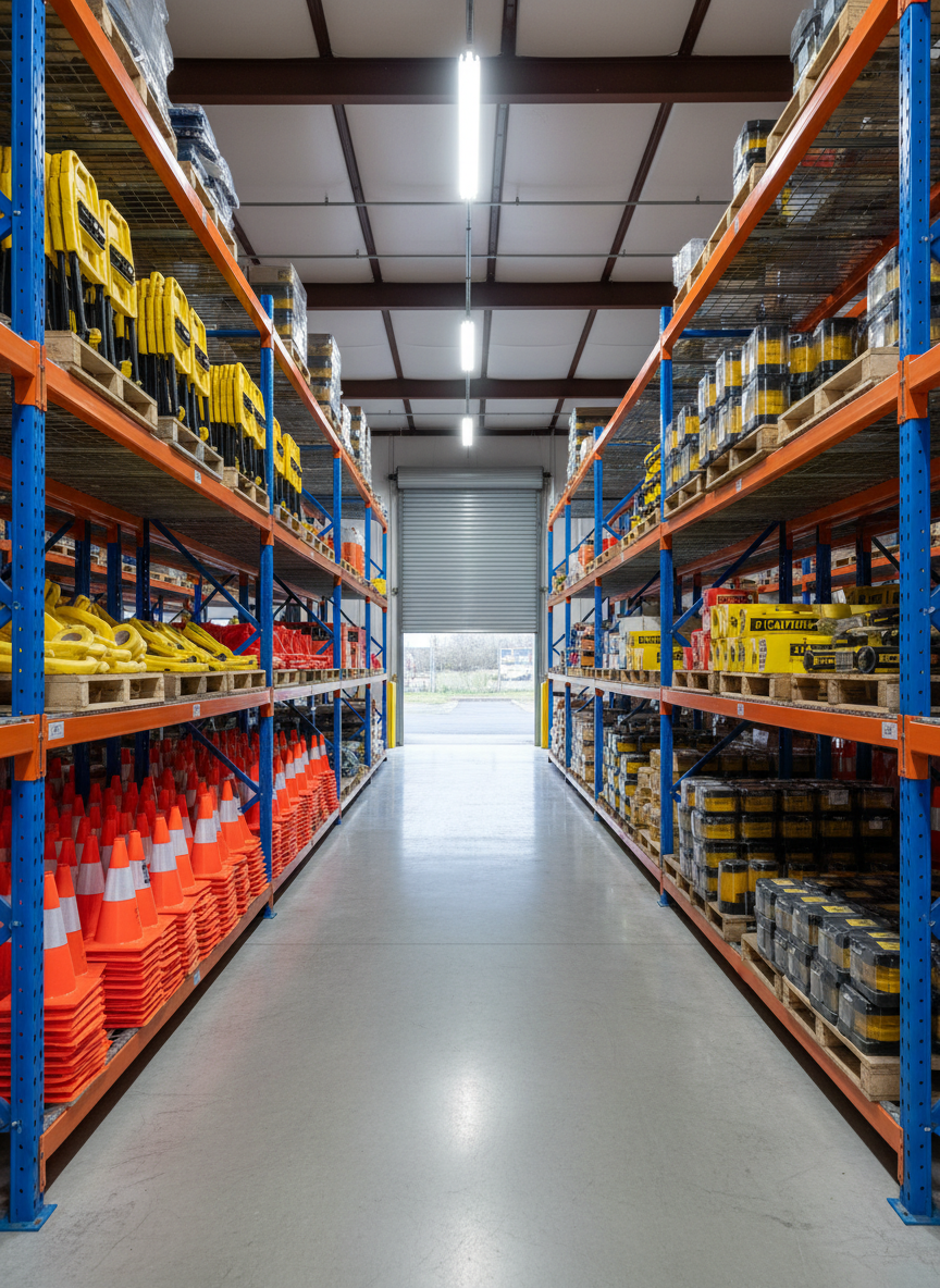 A wide warehouse aisle lined with tall, blue and orange steel shelving fully stocked with traffic safety equipment: neatly stacked orange cones with reflective bands, folded high-visibility barricades, rolled caution tape, and boxed LED beacons. The smooth concrete floor is clean and slightly reflective. Overhead industrial LED fixtures cast bright, even white light with soft shadows beneath the shelves. In the distant background, a large roll-up door is partially open to an overcast yard. Photographic realism, shot at eye level with a deep depth of field so every rack is in crisp focus, conveying an organized, professional logistics hub ready to support government and municipal operations.
