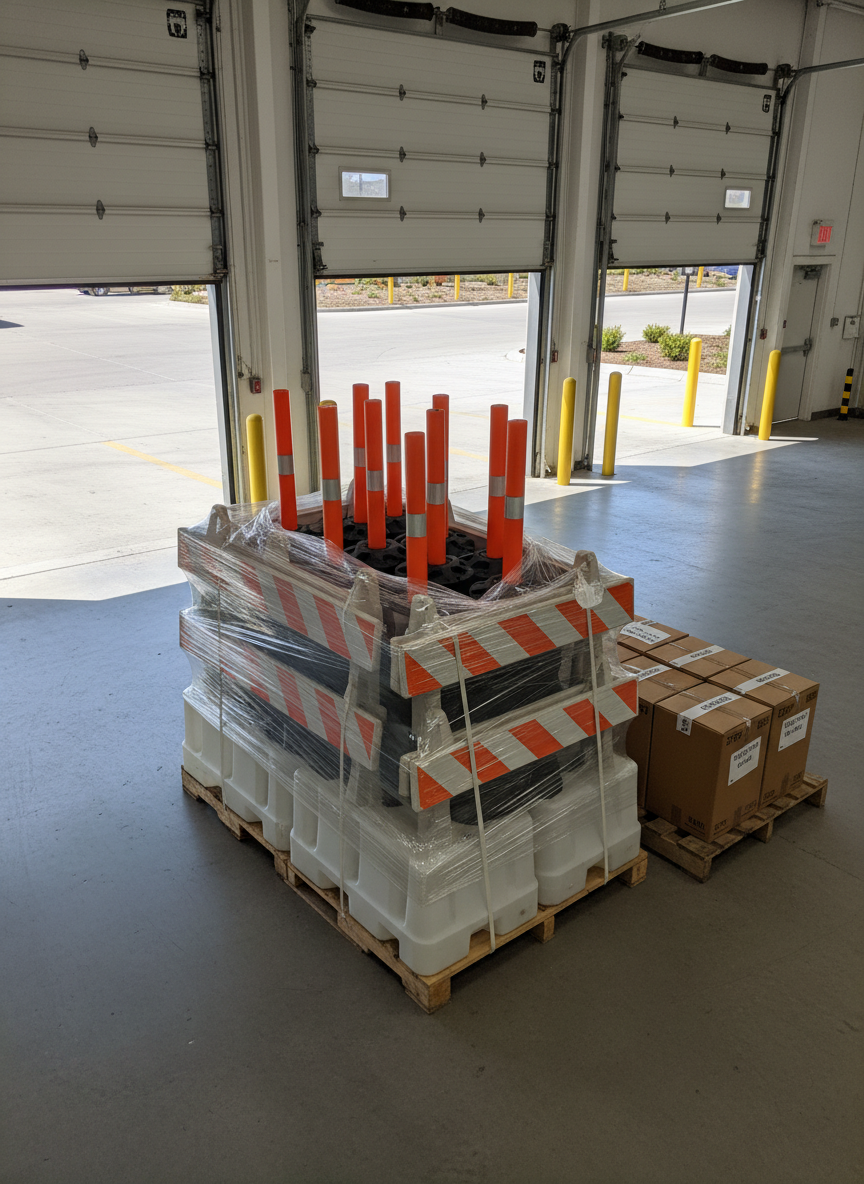 An expertly organized pallet of traffic barricades and delineator posts shrink-wrapped for shipment, positioned near the loading dock of a distribution warehouse. The pallet includes white water-filled barriers, orange-and-white striped folding barricades, and upright flexible posts with reflective collars, all arranged orderly. Nearby, labeled cartons of stop paddles and warning signs rest on another pallet. Overhead dock doors with yellow bumpers frame the background. Bright midday light filters in from the open dock, mixing with high bay LEDs to create crisp, neutral illumination. Photographic realism, three-quarter angle from slightly above, with clear depth and sharp detail, conveying efficient logistics for municipal and transit agency projects.